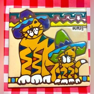 1999 Vintage Earthtones Krit ceramic tile trivet “Cat”  cats sombreros